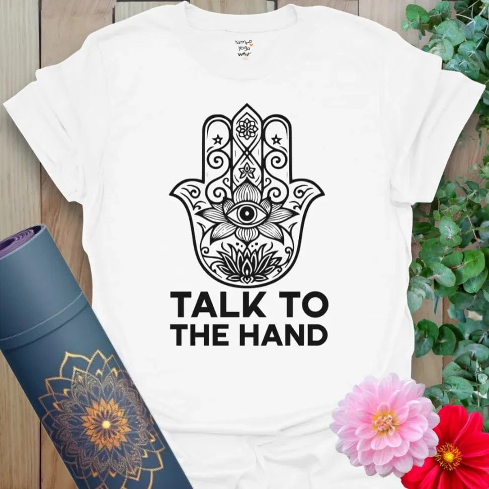 Clean white unisex yoga tee with sacred Hamsa and playful typography for spiritual warriors with a sense of humor.