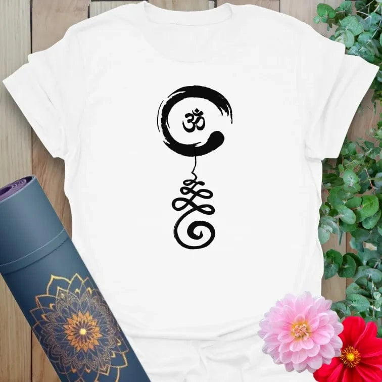 Clean white unisex yoga tee with Enso-style circle and flowing symbol design representing presence and inner key.
