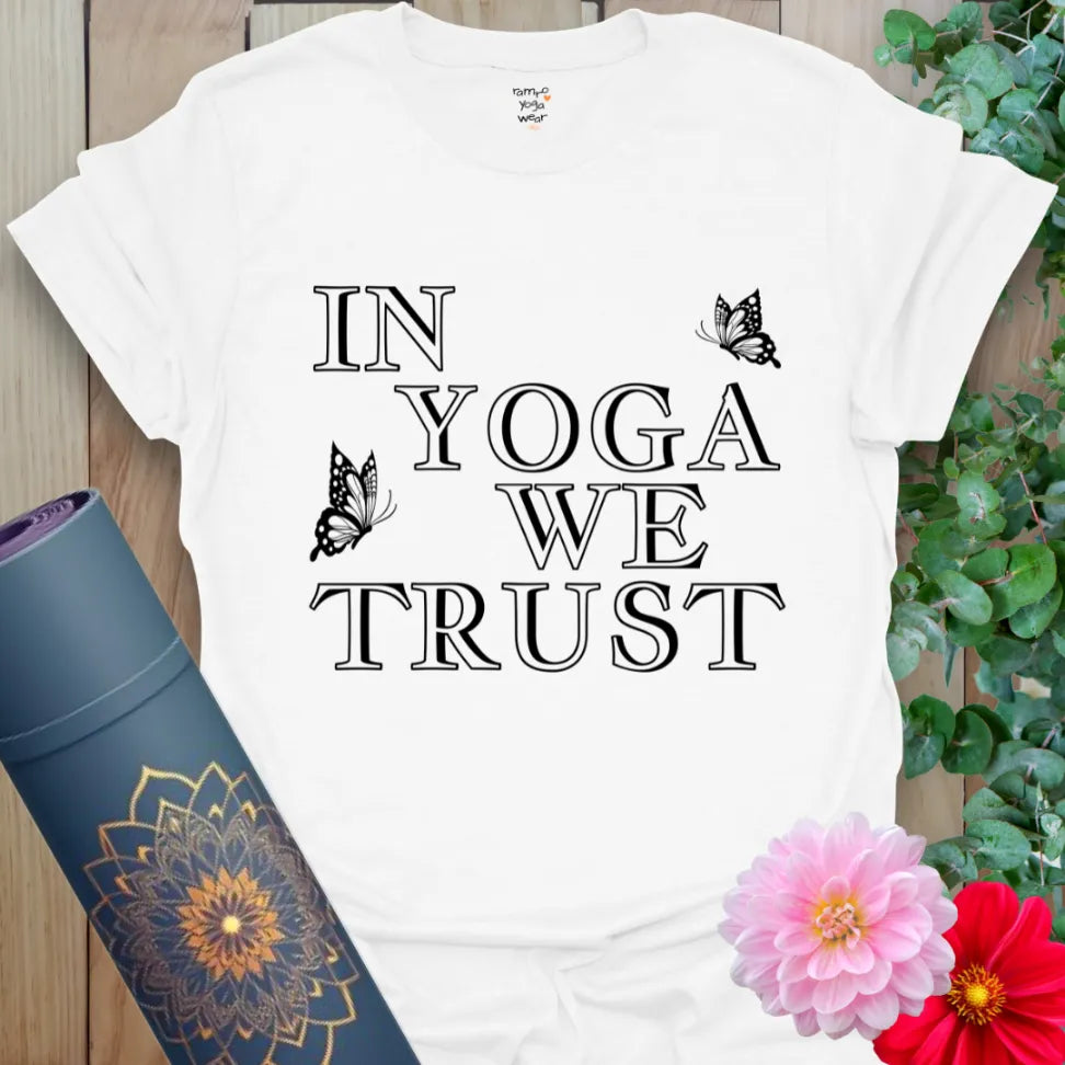 Clean white unisex yoga tee with bold lettering and subtle butterfly art, ideal for yoga lovers and mantra-minded souls.
