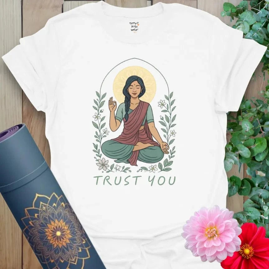 Clean white unisex tee with peaceful seated pose and self-trust message, perfect for daily intention setting.