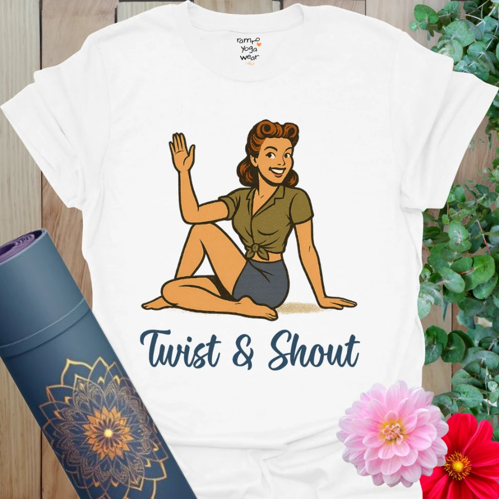 Bright white yoga tee featuring vintage pinup yogi in seated twist and âTwist & Shoutâ retro lettering.