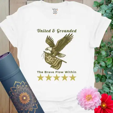 Clean white tee with camo eagle and brave flow design — vintage Americana yoga vibe.