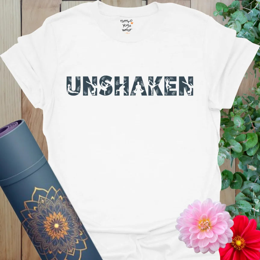bold vintage distressed yoga mantra tee, calm & brave statement design on crisp white cotton.