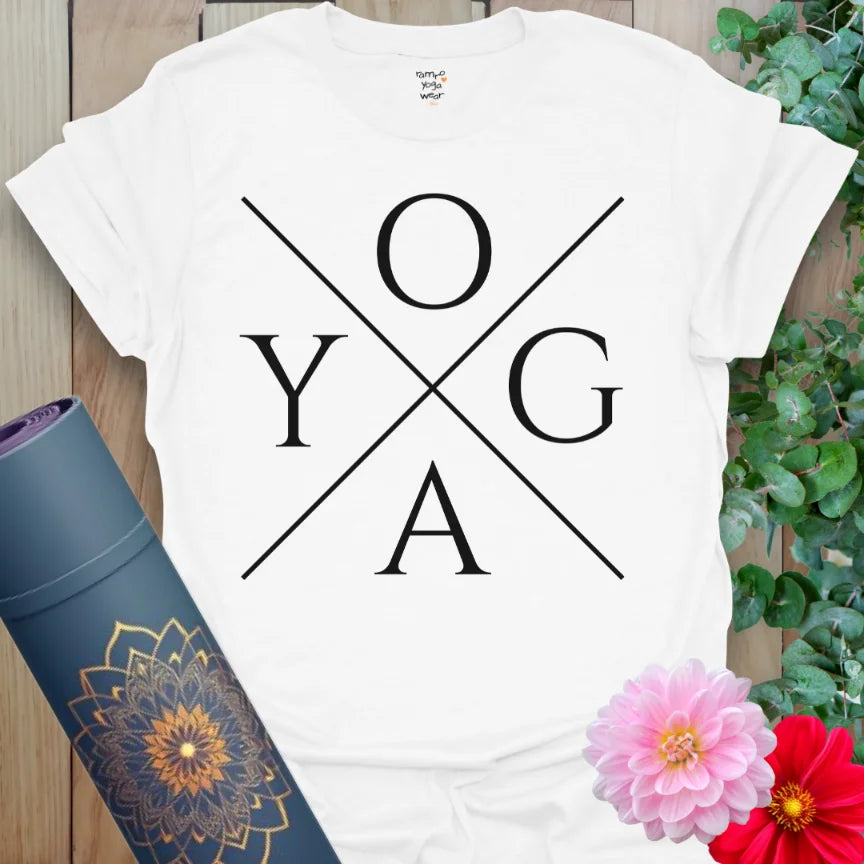 Crisp white cotton t-shirt with “Yoga Made Me” affirmation for post-practice truth and casual calm.