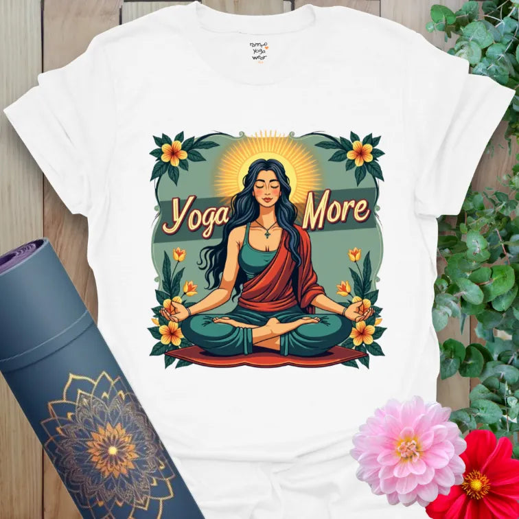 Clean white unisex tee featuring serene yoga goddess and mindful quote in vibrant colors for calm, radiant wear.