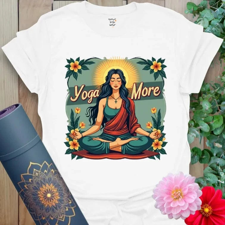 Clean white unisex tee featuring serene yoga goddess and mindful quote in vibrant colors for calm, radiant wear.