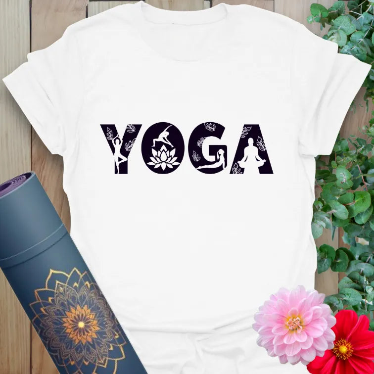 Clean white unisex tee with creative yoga letter art, representing the strength and stillness of daily practice.