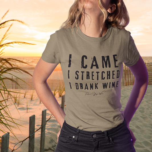Woman wearing Wine Heather Olive funny yoga shirt at golden hour — Funny Yoga Shirts collection by Ramro Yoga Wear