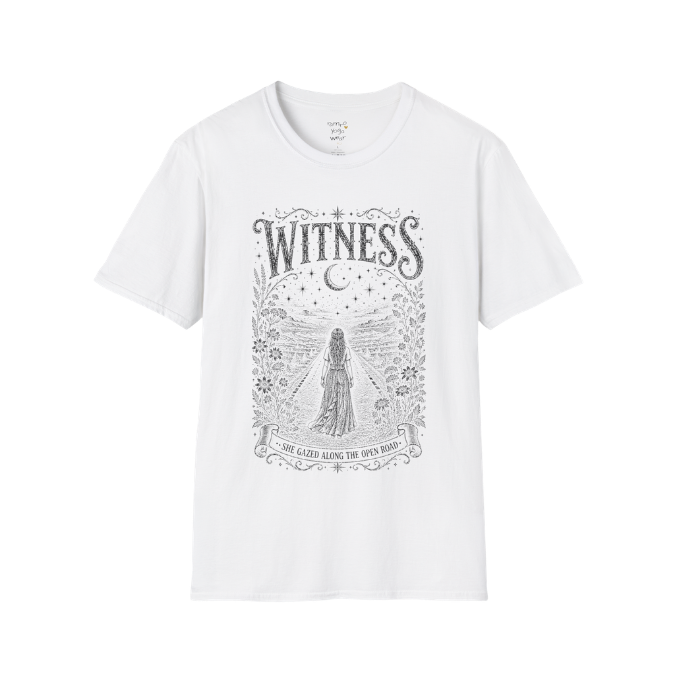 Woman standing on an open road under a crescent moon with botanical engraving design — Dark Sacred Stillness collection by Ramro Yoga Wear — White