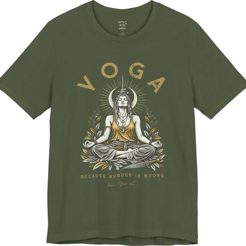 Illustrated meditating figure with a moon crown, gold sunburst halo, botanical leaf framing, and a dagger resting at her feet. Wrong T-Shirt flat lay is a Bella+Canvas 3001 and the color is Military Green.