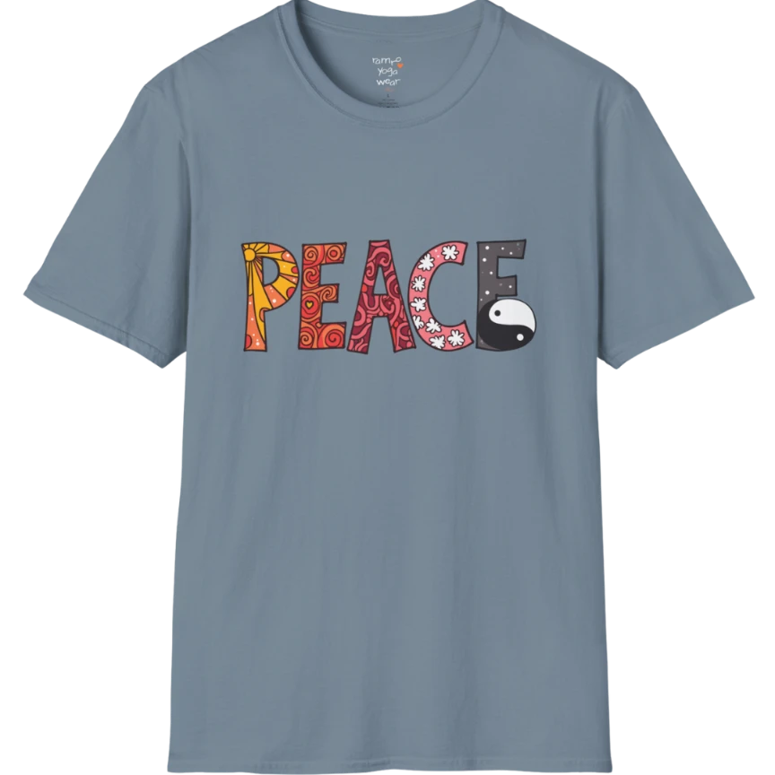 Short sleeved patterned vintage-inspired “PEACE” typography tee with subtle Yin Yang symbol design — The Vault collection by Ramro Yoga Wear — Stone Blue
