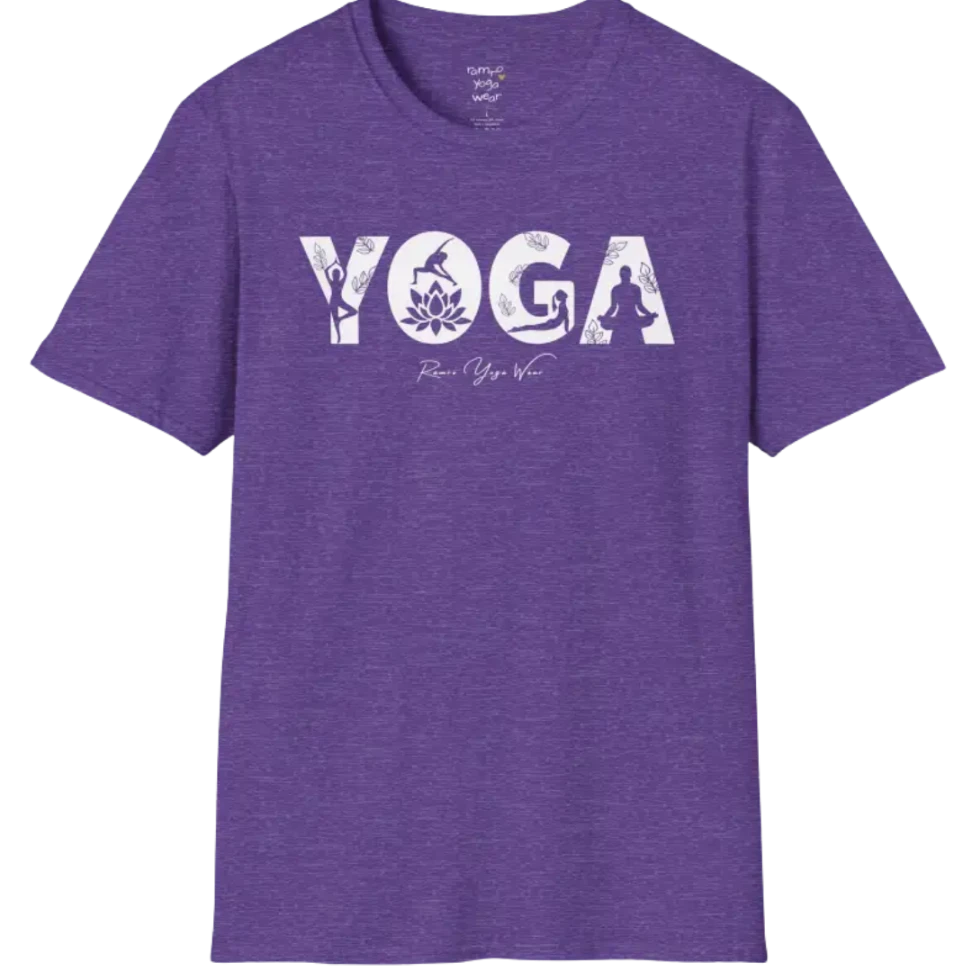 "YOGA" text design, with the text illustrating yoga positions — The Vault collection by Ramro Yoga Wear, Heather Purple