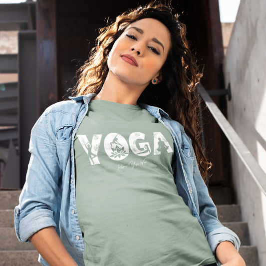 Yoga Moves T-Shirt, bold "YOGA" text design — The Vault collection by Ramro Yoga Wear, Sage.
