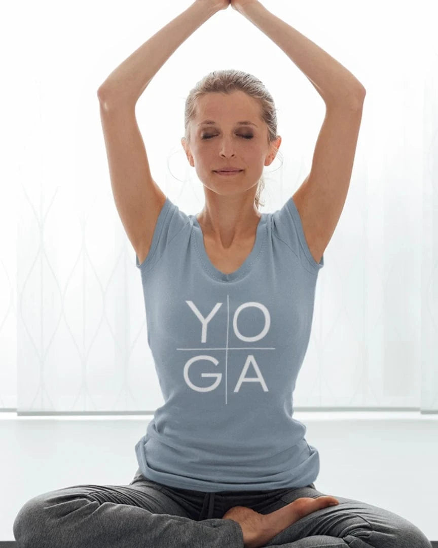Stone Blue YOGA text T-Shirt with sun mandala O. Relaxed urban yoga lifestyle shirt.