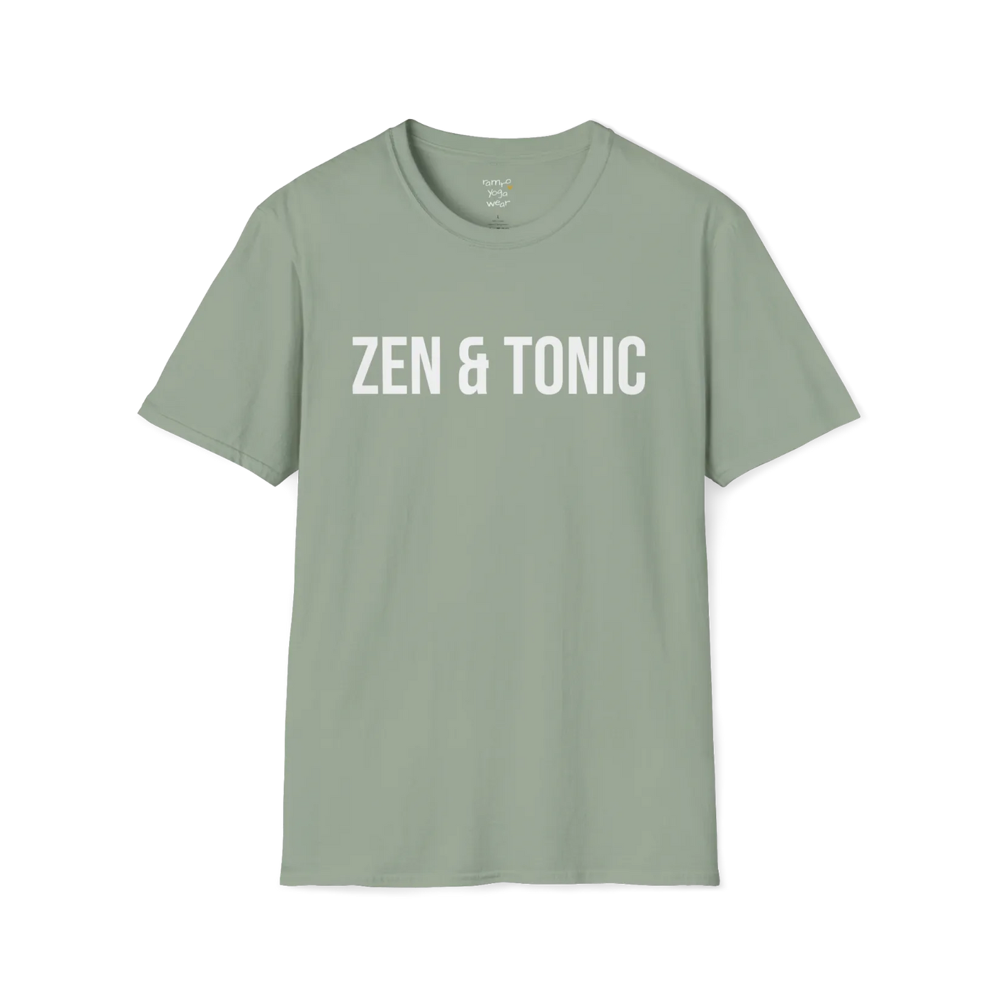 Bold “Zen & Tonic” minimalist white lettering design — The Vault collection by Ramro Yoga Wear — Sage