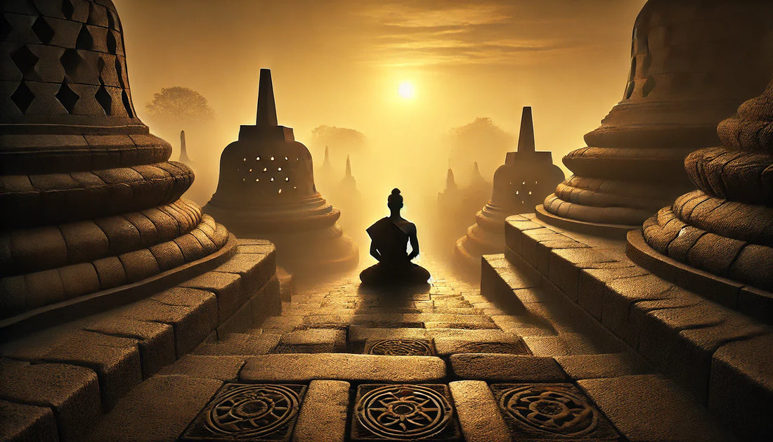 A lone figure in traditional robes sits in meditation at sunrise on ancient stone steps leading to a temple, surrounded by mist and soft golden light. The scene reflects the sacred roots and timeless history of yoga.
