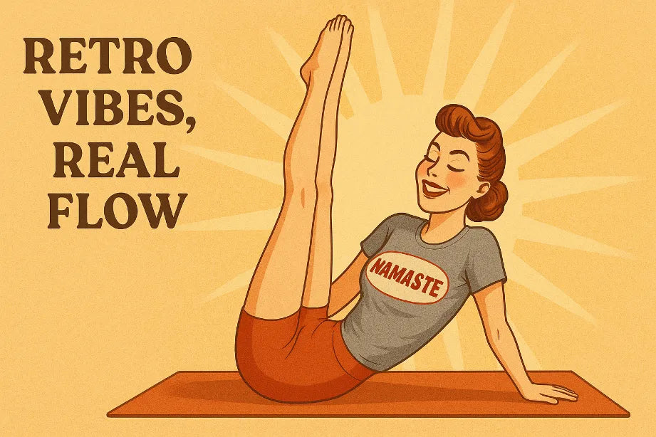 Retro pin-up yoga girl illustration with text ‘Retro Vibes, Real Flow’ — Ramro Revival Collection hero image.