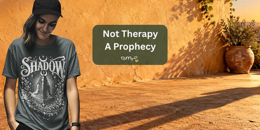 Woman wearing the Shadow T-Shirt by Ramro Yoga Wear standing beside her long cast shadow on sunlit terracotta pavement — "Not Therapy. A Prophecy." banner for the yoga shadow work meaning article