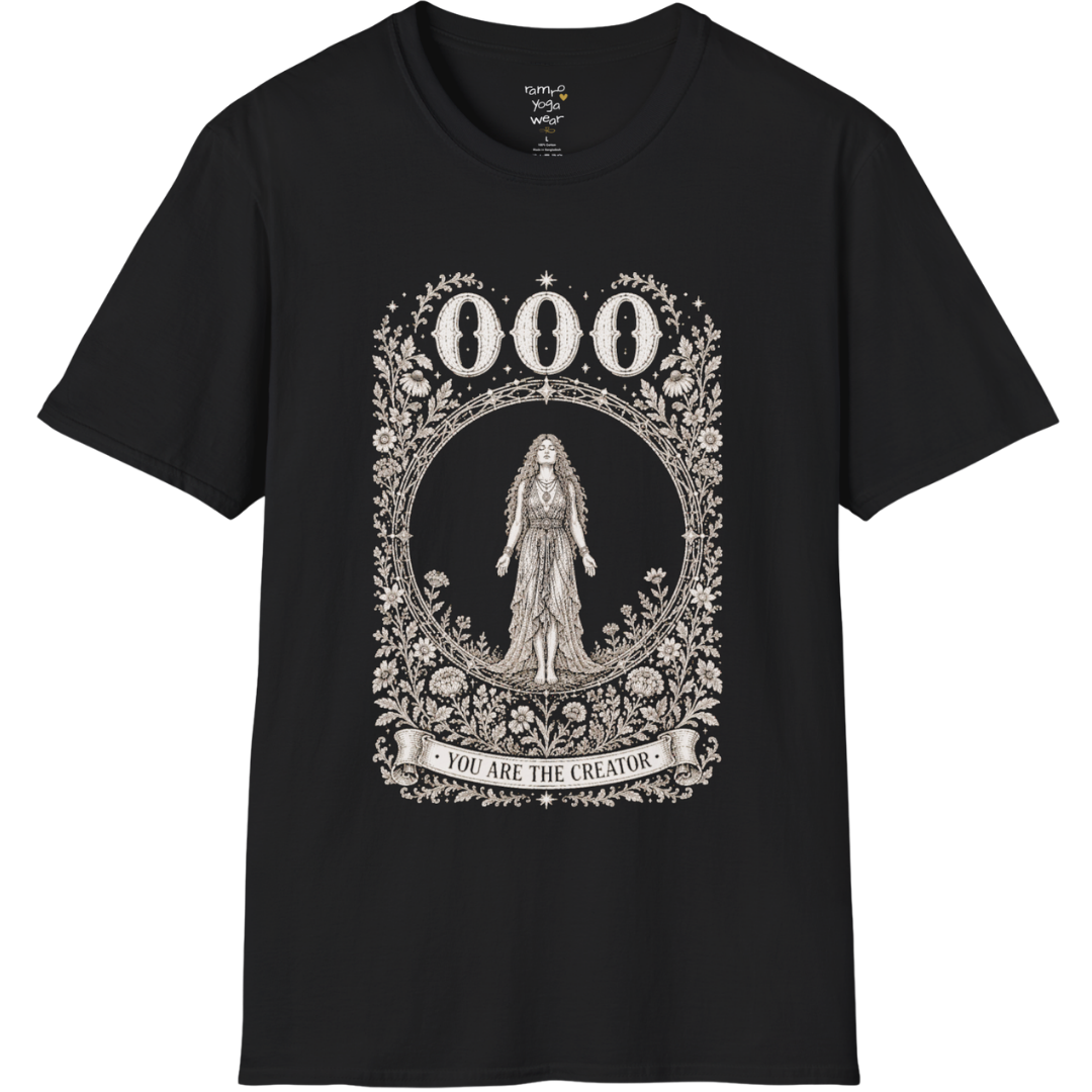 000 T-Shirt with figure in empty circle design — Dark Sacred Stillness collection by Ramro Yoga Wear in black