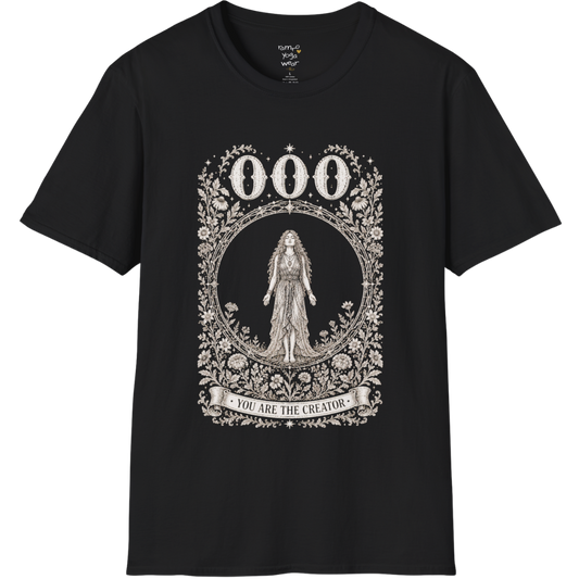 000 T-Shirt with figure in empty circle design — Dark Sacred Stillness collection by Ramro Yoga Wear in black