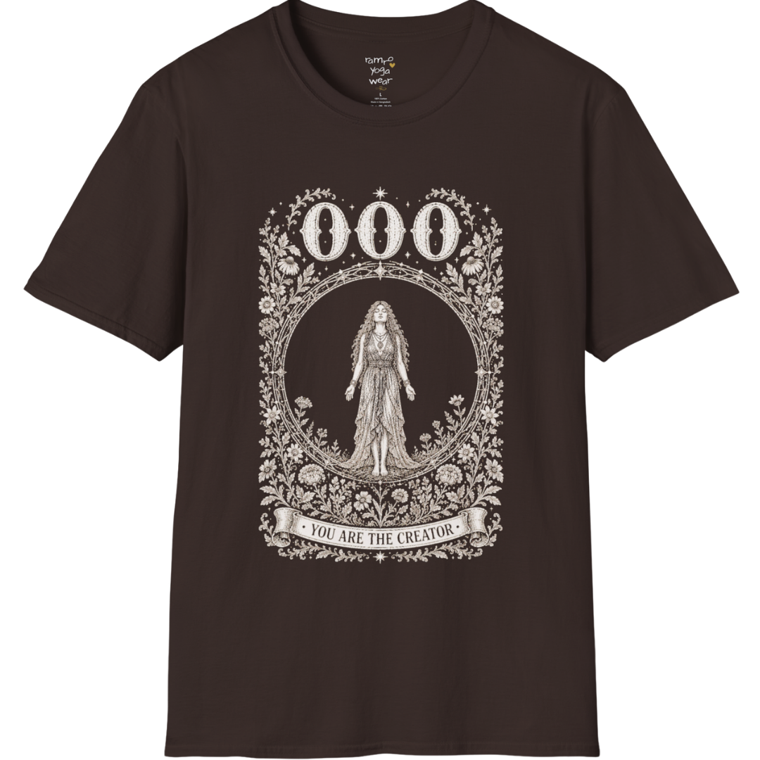 000 T-Shirt with figure in empty circle design — Dark Sacred Stillness collection by Ramro Yoga Wear in Dark Chocolate
