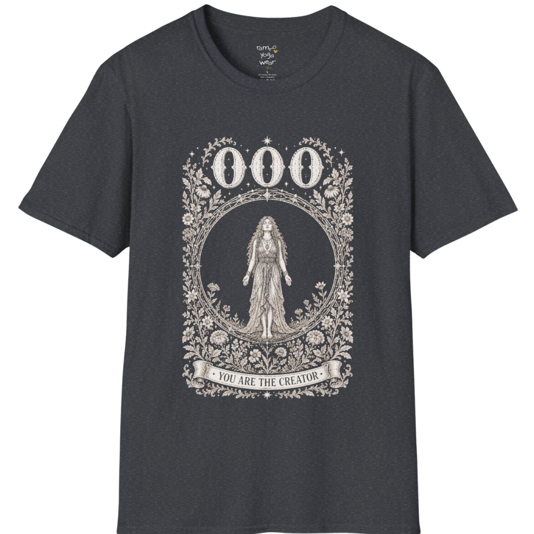 000 T-Shirt with figure in empty circle design — Dark Sacred Stillness collection by Ramro Yoga Wear in Dark Heather Grey