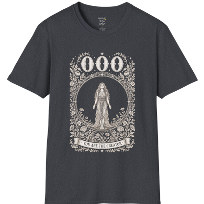 000 T-Shirt with figure in empty circle design — Dark Sacred Stillness collection by Ramro Yoga Wear in Dark Heather Grey