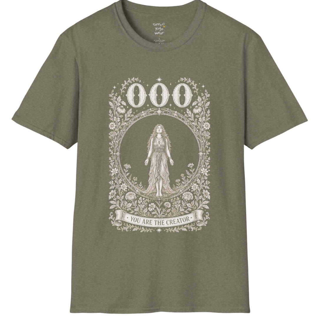 000 T-Shirt with figure in empty circle design — Dark Sacred Stillness collection by Ramro Yoga Wear in Heather Military Green