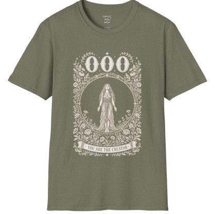 000 T-Shirt with figure in empty circle design — Dark Sacred Stillness collection by Ramro Yoga Wear in Heather Military Green
