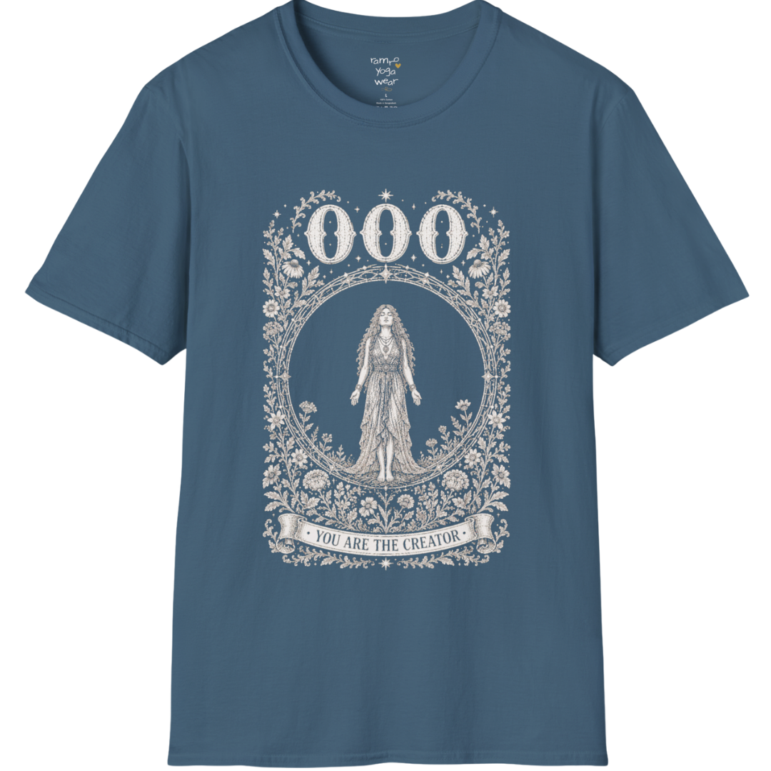000 T-Shirt with figure in empty circle design — Dark Sacred Stillness collection by Ramro Yoga Wear in Indigo Blue