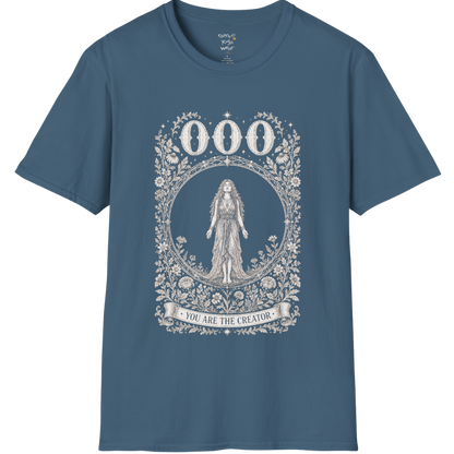 000 T-Shirt with figure in empty circle design — Dark Sacred Stillness collection by Ramro Yoga Wear in Indigo Blue