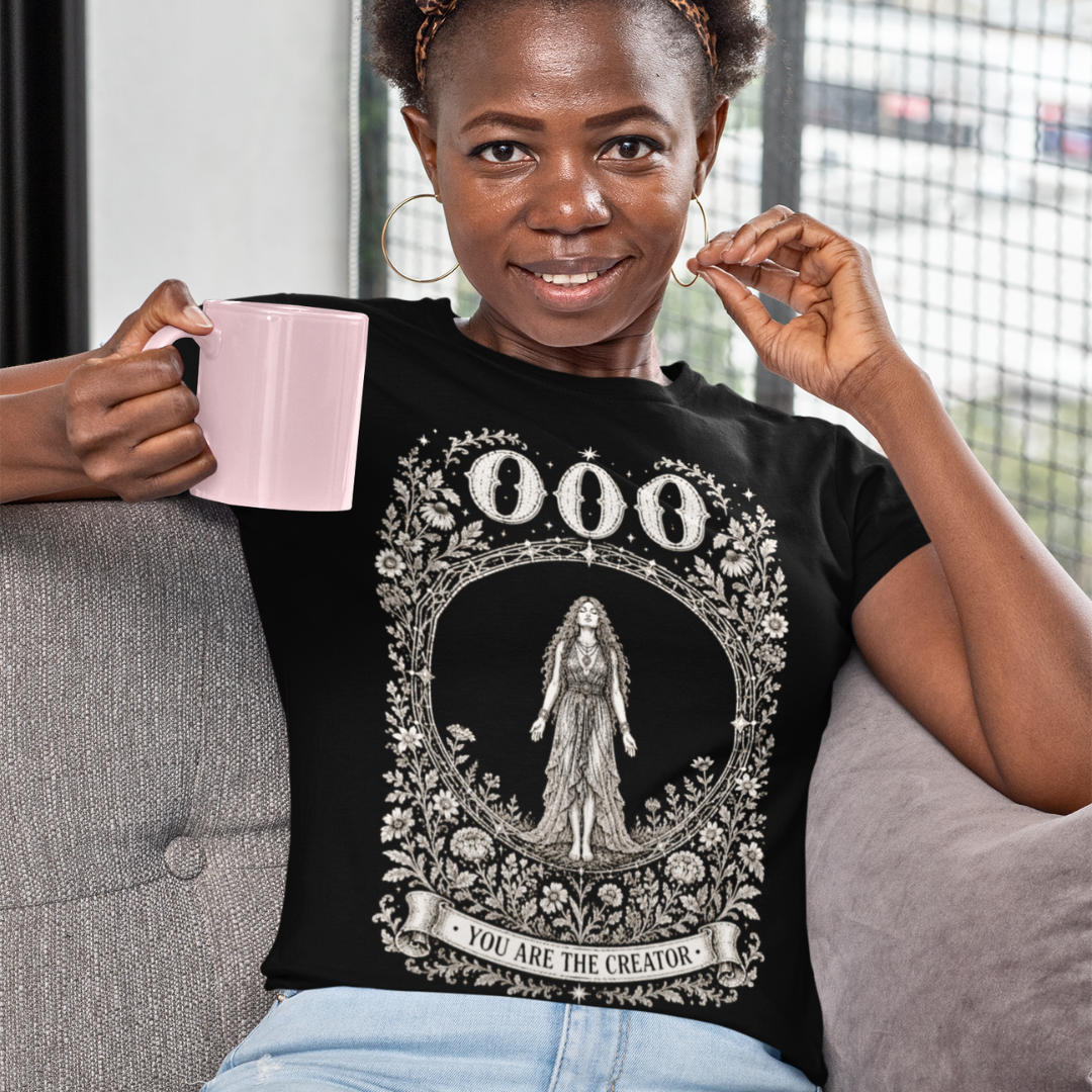000 T-Shirt black sacred yoga shirt indoors with coffee — Dark Sacred Stillness collection by Ramro Yoga Wear