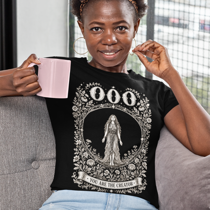 000 T-Shirt black sacred yoga shirt indoors with coffee — Dark Sacred Stillness collection by Ramro Yoga Wear