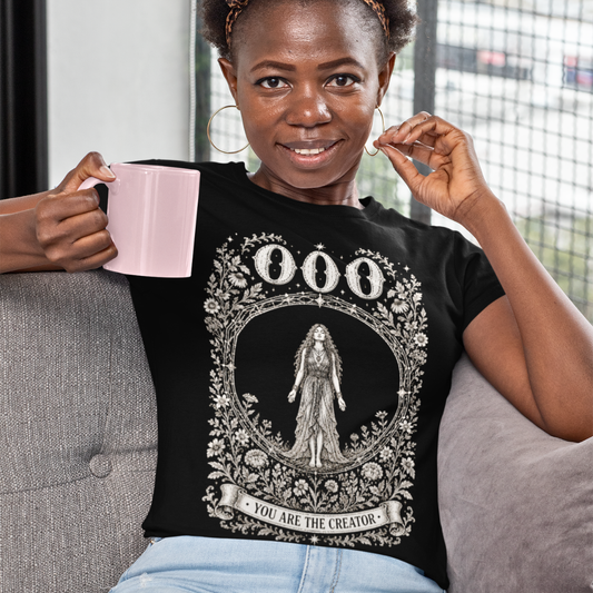 000 T-Shirt black sacred yoga shirt indoors with coffee — Dark Sacred Stillness collection by Ramro Yoga Wear