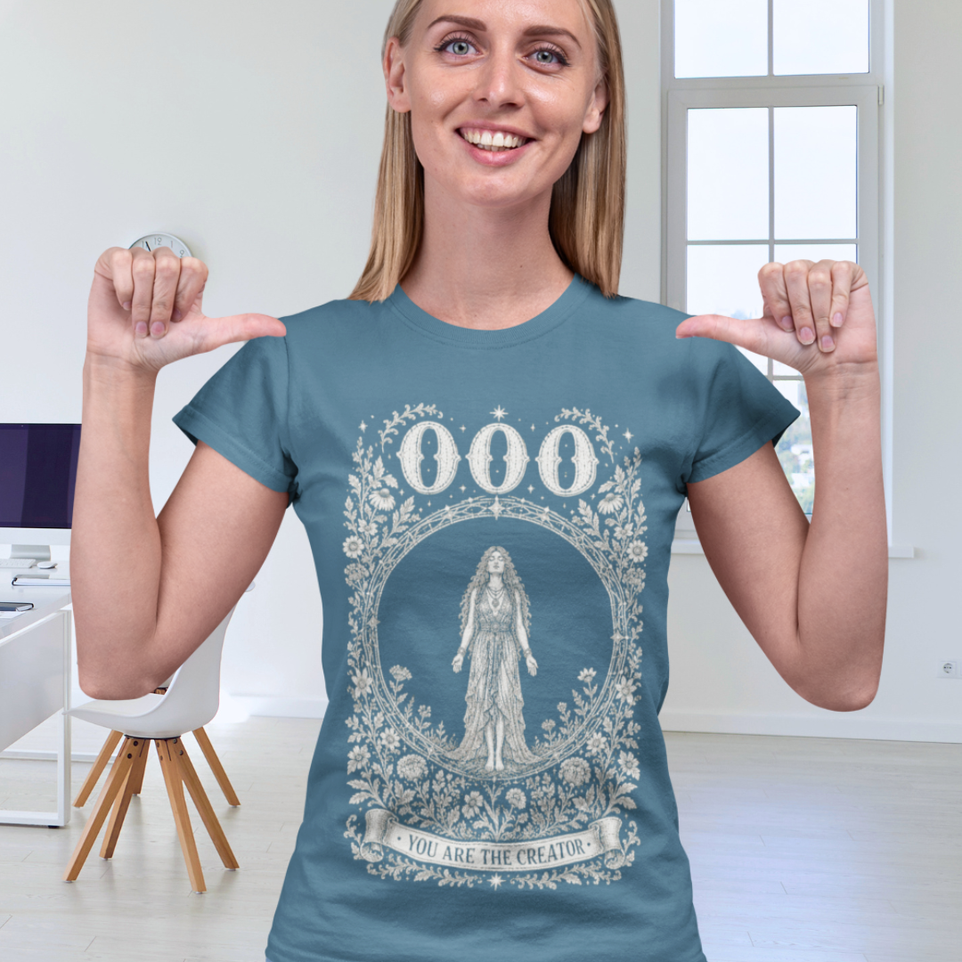 000 T-Shirt indigo blue sacred yoga shirt in a bright indoor space — Dark Sacred Stillness collection by Ramro Yoga Wear