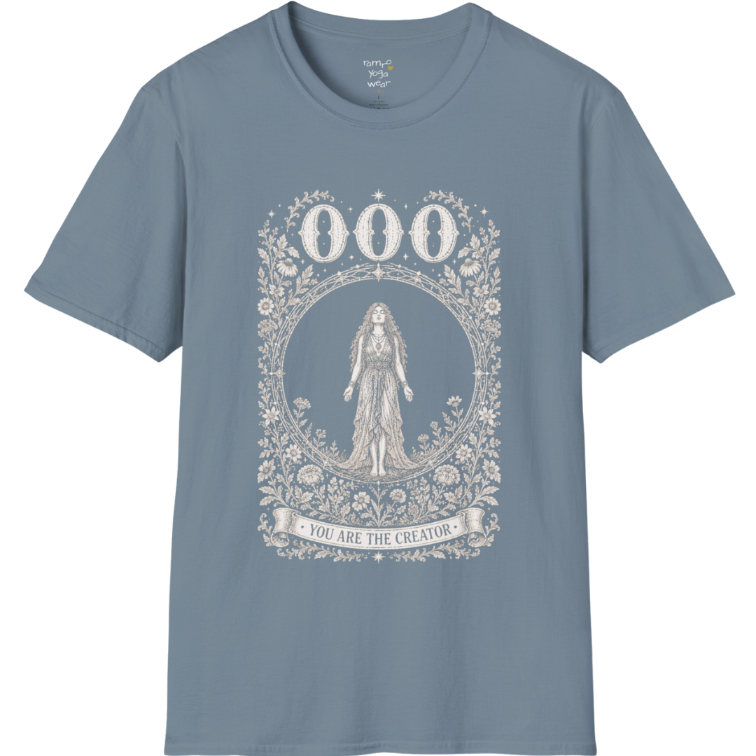000 T-Shirt with figure in empty circle design — Dark Sacred Stillness collection by Ramro Yoga Wear in Stone Blue