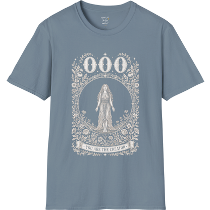 000 T-Shirt with figure in empty circle design — Dark Sacred Stillness collection by Ramro Yoga Wear in Stone Blue