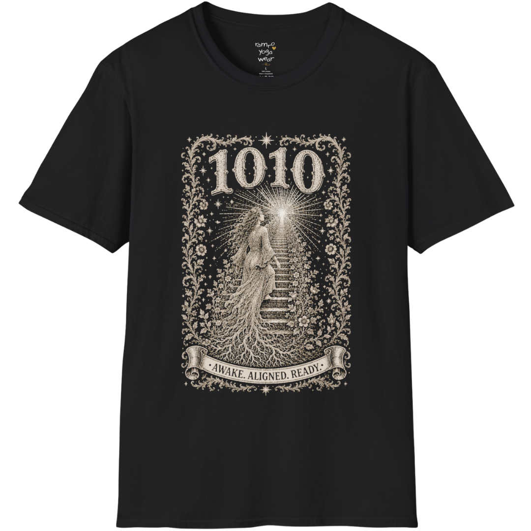 1010 T-Shirt with ascending stairway of light design — Dark Sacred Stillness collection by Ramro Yoga Wear in black