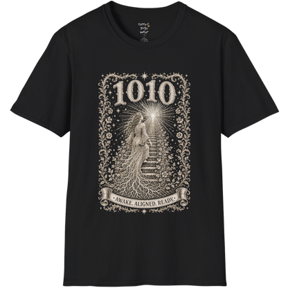 1010 T-Shirt with ascending stairway of light design — Dark Sacred Stillness collection by Ramro Yoga Wear in black
