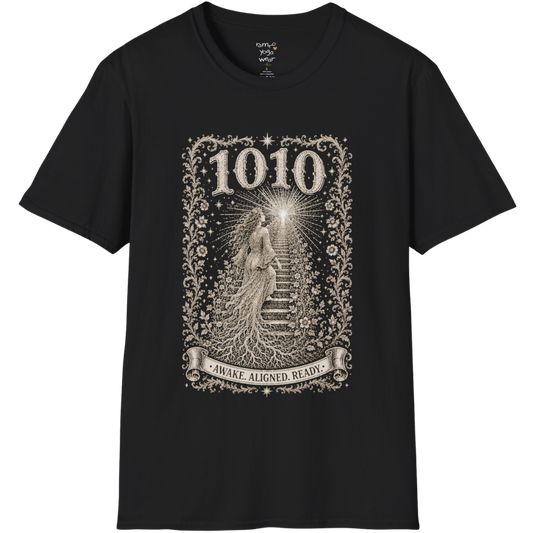 1010 T-Shirt with ascending stairway of light design — Dark Sacred Stillness collection by Ramro Yoga Wear in black