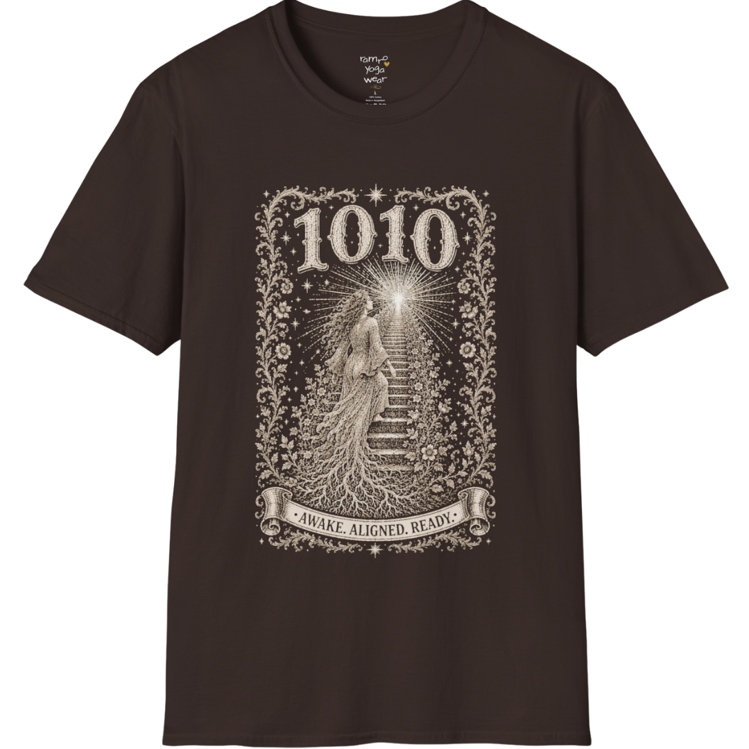 1010 T-Shirt with ascending stairway of light design — Dark Sacred Stillness collection by Ramro Yoga Wear in Dark Chocolate