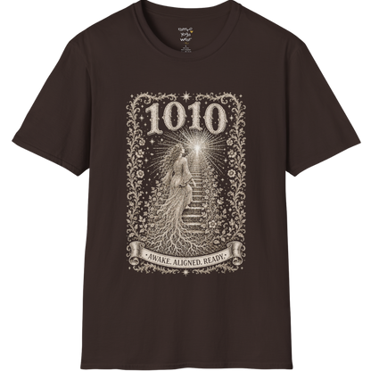 1010 T-Shirt with ascending stairway of light design — Dark Sacred Stillness collection by Ramro Yoga Wear in Dark Chocolate