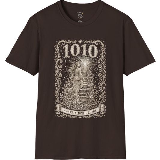 1010 T-Shirt with ascending stairway of light design — Dark Sacred Stillness collection by Ramro Yoga Wear in Dark Chocolate