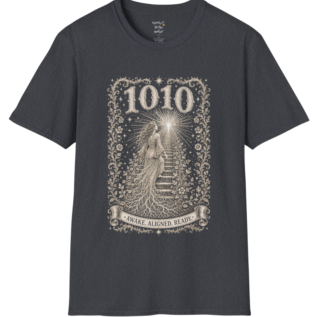 1010 T-Shirt with ascending stairway of light design — Dark Sacred Stillness collection by Ramro Yoga Wear in Dark Heather Grey