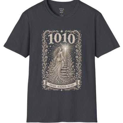 1010 T-Shirt with ascending stairway of light design — Dark Sacred Stillness collection by Ramro Yoga Wear in Dark Heather Grey