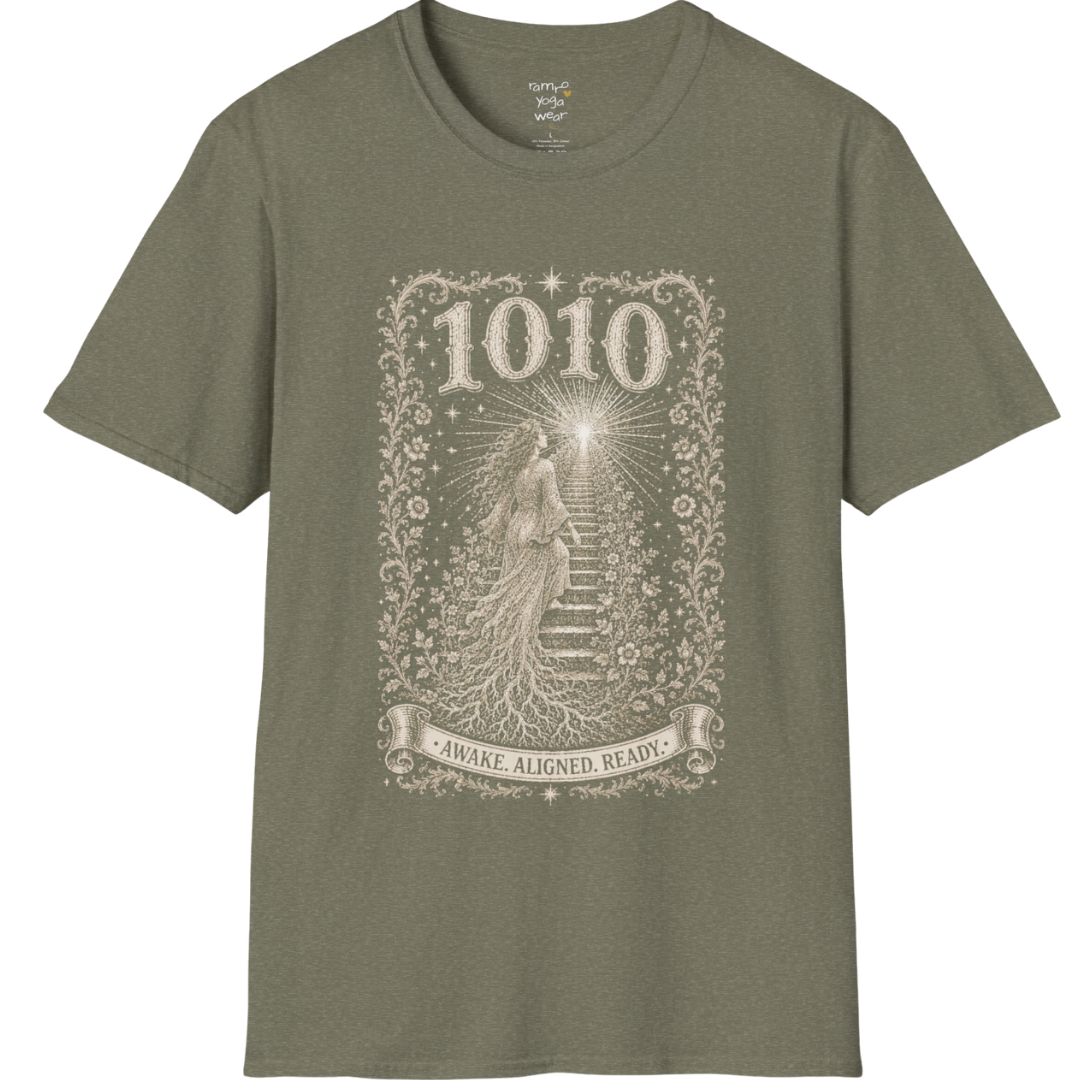 1010 T-Shirt with ascending stairway of light design — Dark Sacred Stillness collection by Ramro Yoga Wear in Heather Military Green