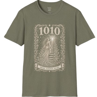 1010 T-Shirt with ascending stairway of light design — Dark Sacred Stillness collection by Ramro Yoga Wear in Heather Military Green