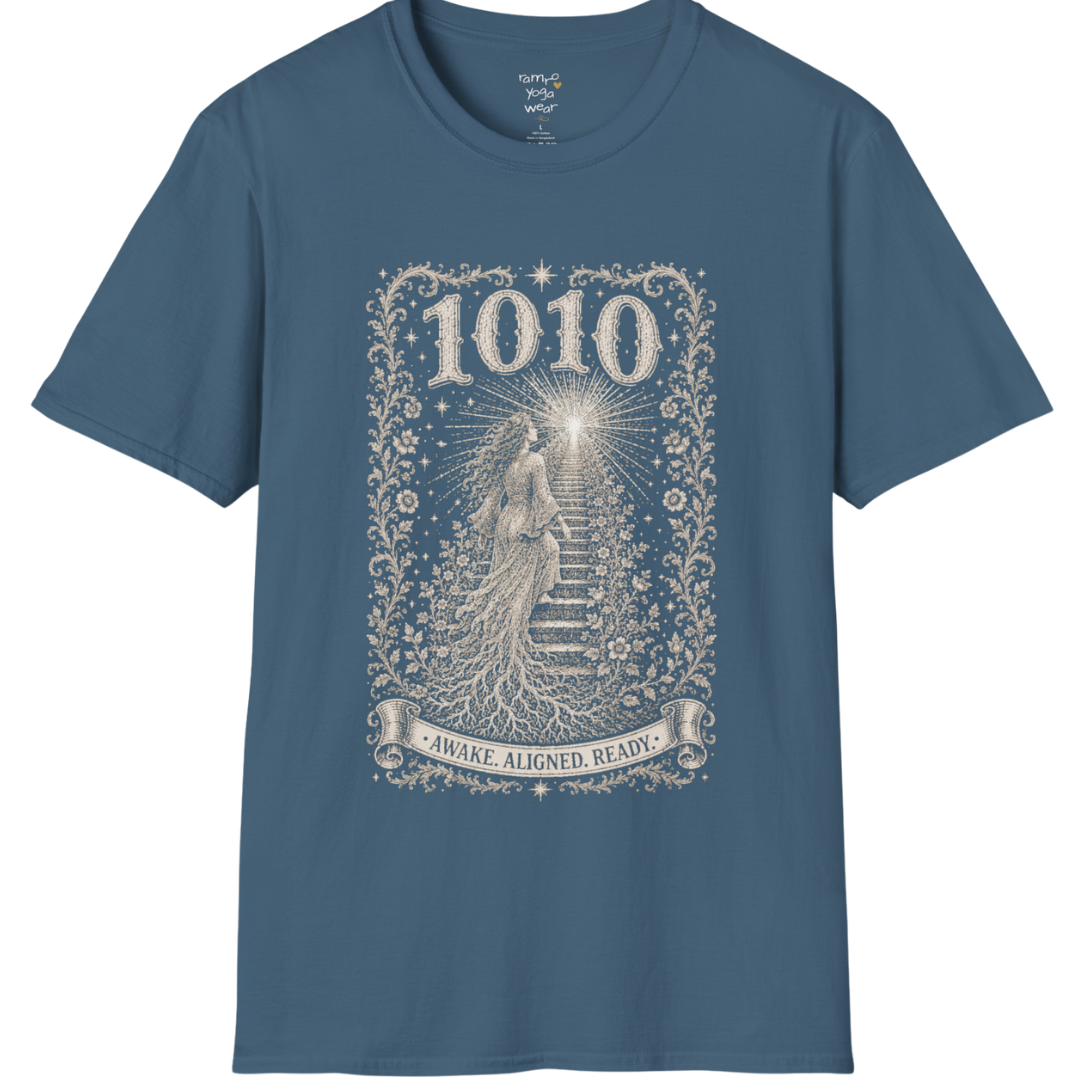 1010 T-Shirt with ascending stairway of light design — Dark Sacred Stillness collection by Ramro Yoga Wear in Indigo Blue
