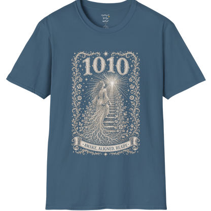 1010 T-Shirt with ascending stairway of light design — Dark Sacred Stillness collection by Ramro Yoga Wear in Indigo Blue