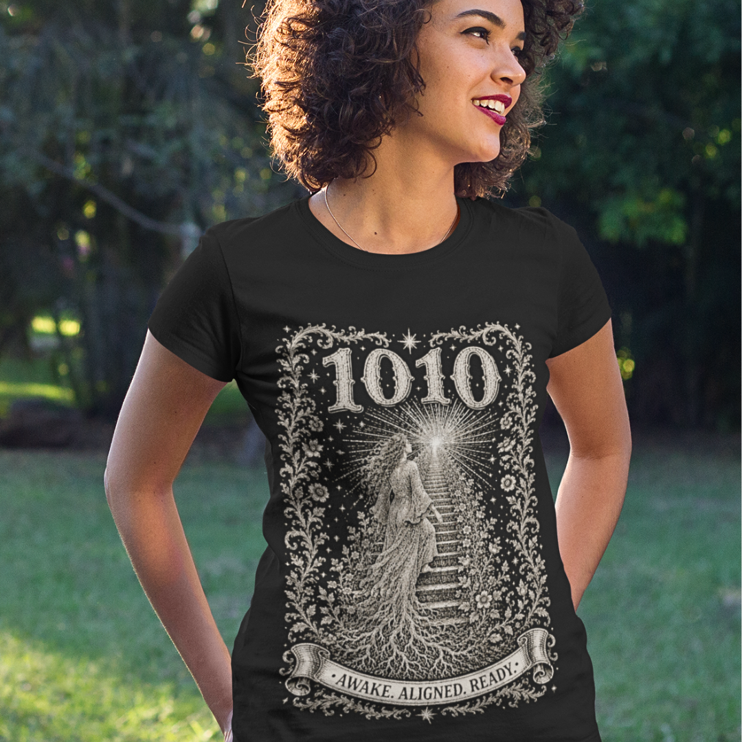 1010 T-Shirt black sacred yoga shirt outdoors in a park — Dark Sacred Stillness collection by Ramro Yoga Wear